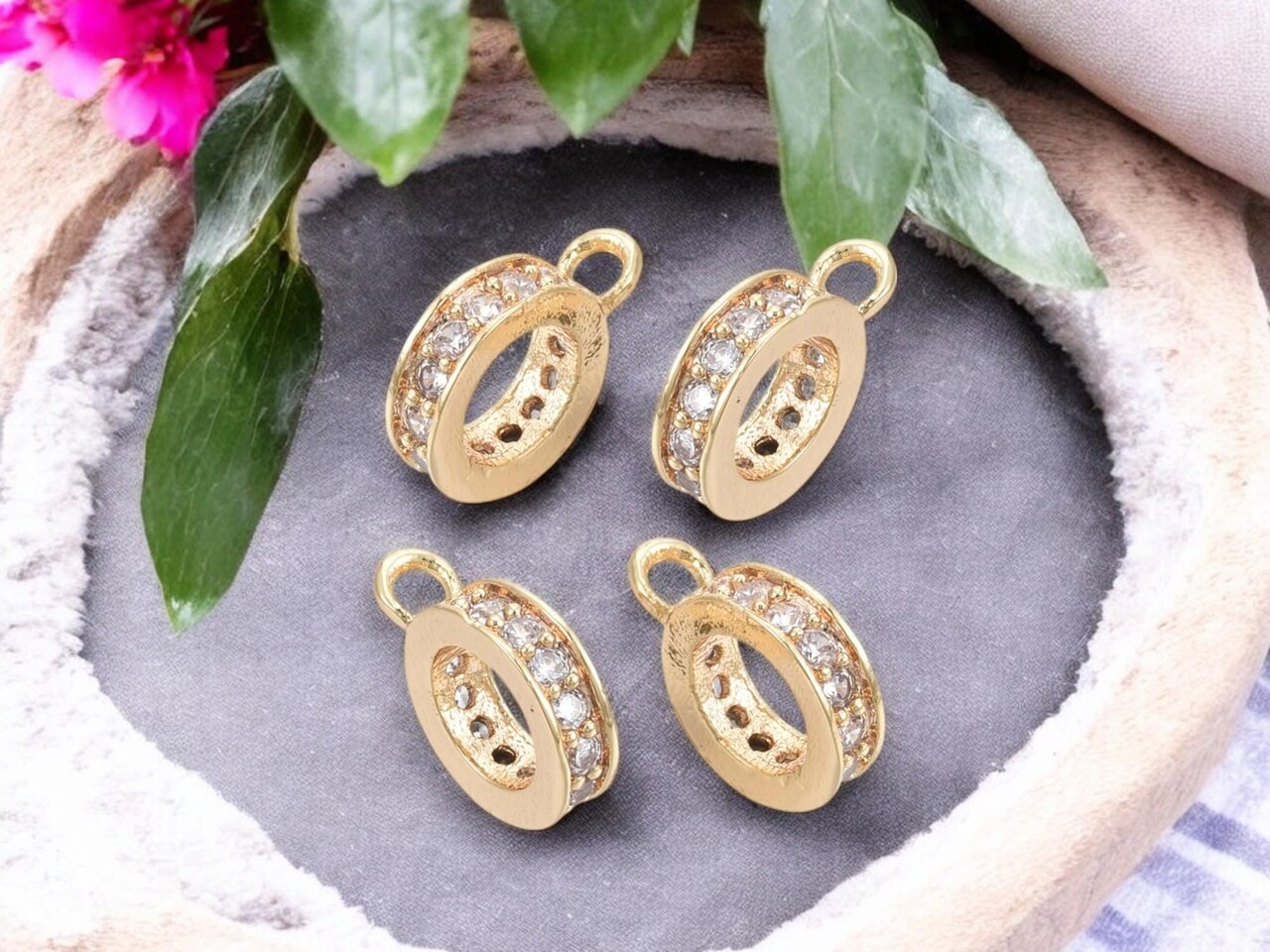 *5* 10x8x2mm 18k Gold Plated Brass Micro Pave CZ Charm Hanger Bail Beads